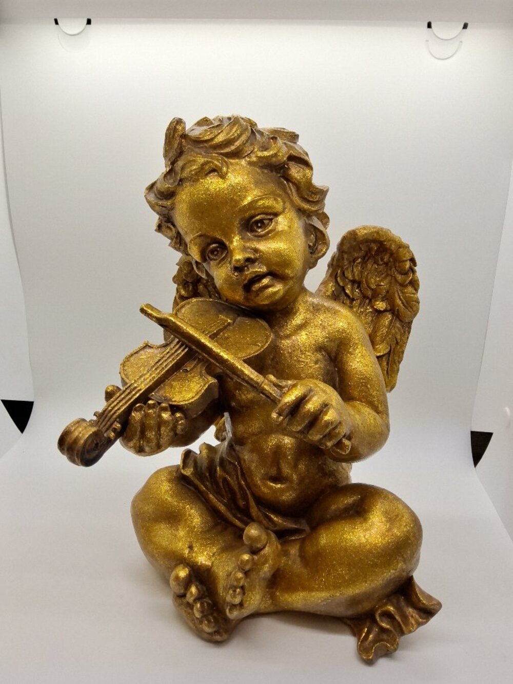 Old 10.5" Gold Resin Cherub Angel w/Wings Playing a Violin Baroque Putto Decor